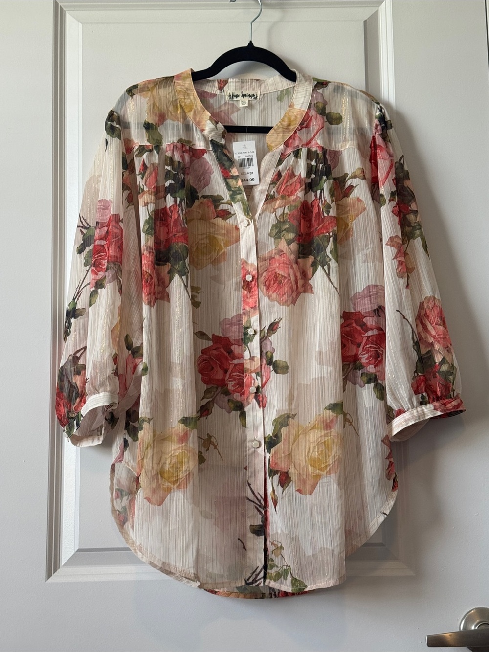 Floral Semi-Sheer Button Blouse - Cream with Pink & Yellow Roses
